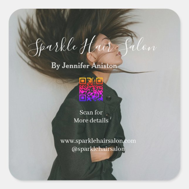 Pegatina Cuadrada Foto moderna peluquería pequeña empresa código QR (Anverso)