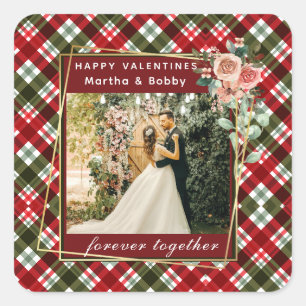 Pegatina Cuadrada Foto moderna Red & Green Plaid Happy Valentines