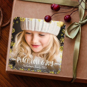 Pegatina Cuadrada Foto Paz Amor Alegría Oro Festividad de Snowflake 