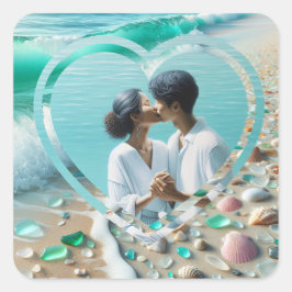 Pegatina Cuadrada Foto personalizada corazón playa