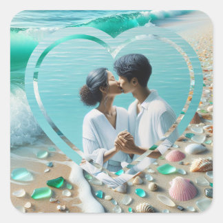 Pegatina Cuadrada Foto personalizada corazón playero