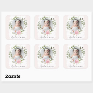 Pegatina Cuadrada Foto personalizada de Bonito Rubor Floral Baby Gir