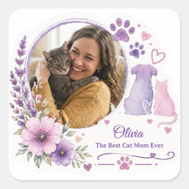 Pegatina Cuadrada Foto personalizada de la mamá de la mascota y nomb