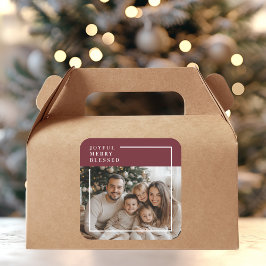 Pegatina Cuadrada Foto Personalizada de Navidad Alegre Feliz Bendeci
