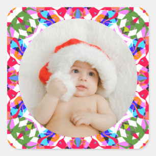 Pegatina Cuadrada Foto Personalizada Feliz Navidad Moderno Colorido
