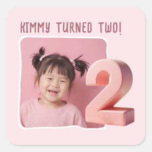 Pegatina Cuadrada Foto personalizada Fiesta del segundo cumpleaños