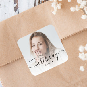 Pegatina Cuadrada Foto personalizada Guión negro 21 cumpleaños