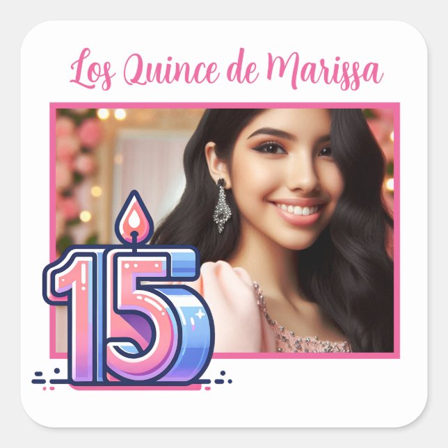 Pegatina Cuadrada Foto personalizada Nombre 15 cumpleaños Los Quince (Anverso)