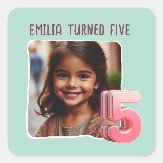Pegatina Cuadrada Foto personalizado Fiesta de cumpleaños 5 (Anverso)