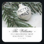 Pegatina Cuadrada Foto personalizado Merry Christmas Bauble<br><div class="desc">Foto personalizado con la etiqueta de la dirección bauble navideña.</div>