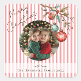Pegatina Cuadrada Foto Rayas rosas y ornamentos Feliz Navidad