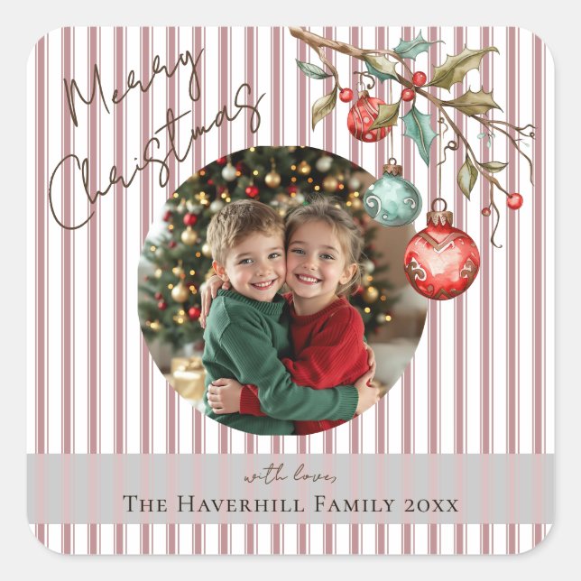 Pegatina Cuadrada Foto Rayas rosas y ornamentos Feliz Navidad (Anverso)