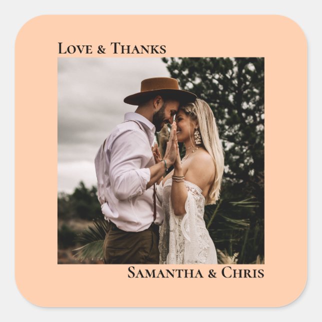 Pegatina Cuadrada Foto simple Coral Peach Love & Gracias Boda (Anverso)