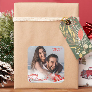 Pegatina Cuadrada Foto Snowflake Feliz Navidad Rojo personalizado