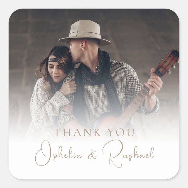 Pegatina Cuadrada Foto Superposición Dorada Boho Boda Gracias (Anverso)
