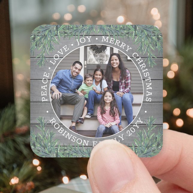 Pegatina Cuadrada Foto y Navidades de texto verde y madera gris (Subido por el creador)