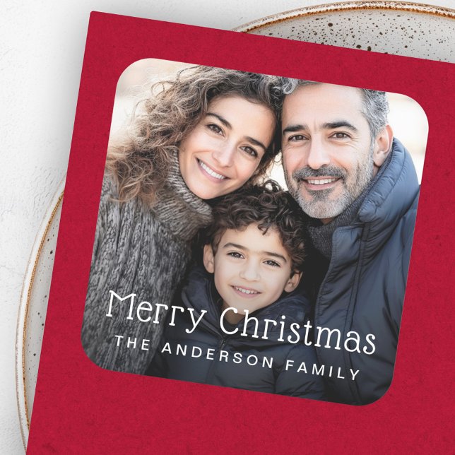 Pegatina Cuadrada Fotos de bienvenida de Feliz Navidad (Merry Christmas greeting photo Square Sticker)