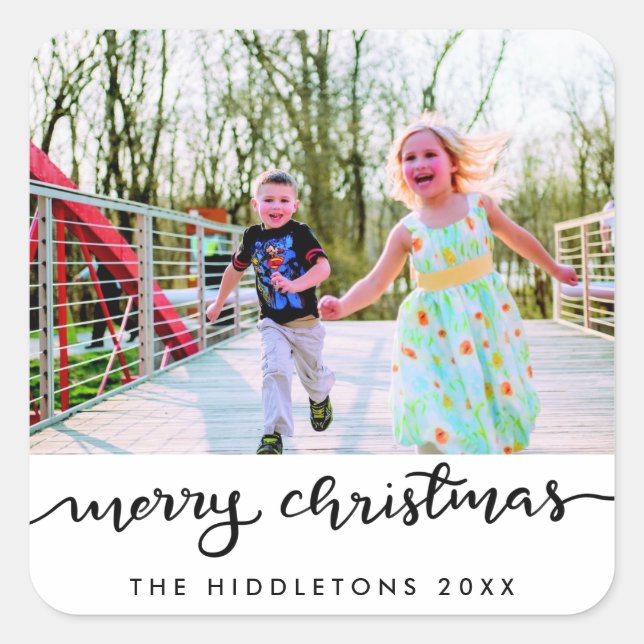 Pegatina Cuadrada Fotos de escritura moderna de Feliz Navidad manusc (Anverso)