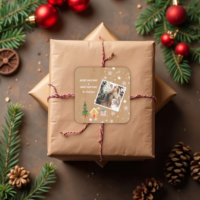 Pegatina Cuadrada Fotos de la familia marrón navideña de Feliz (Subido por el creador)