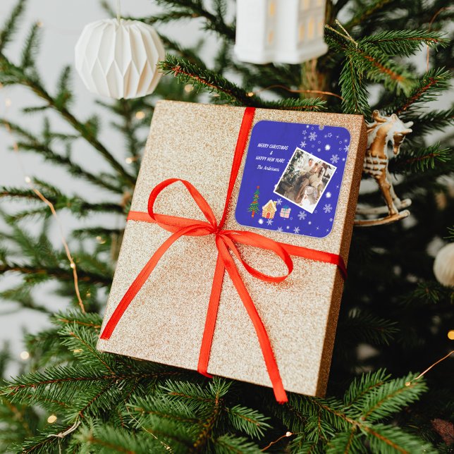 Pegatina Cuadrada Fotos de la Familia Real Azul de Feliz Navidad (Subido por el creador)