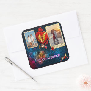 Pegatina Cuadrada Fotos de personalizados y el nombre del corazón se
