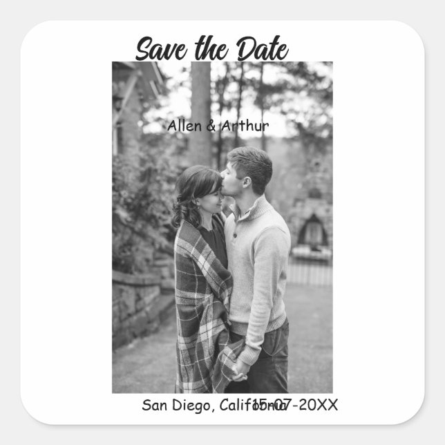 Pegatina Cuadrada fotos en blanco y negro para guardar la fecha con  (Anverso)