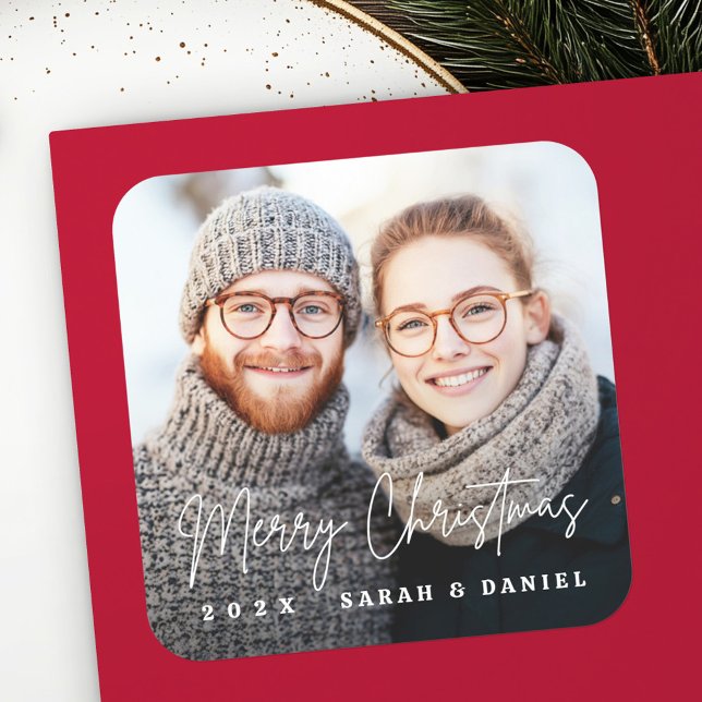 Pegatina Cuadrada Fotos manuscritas de Feliz Navidad (Merry Christmas handwritten script photo Square Sticker)