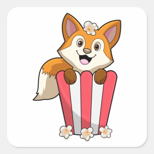Pegatina Cuadrada Fox comiendo con popcorn (Anverso)
