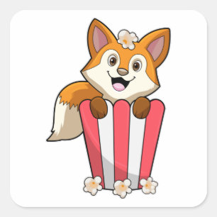 Pegatina Cuadrada Fox comiendo con popcorn