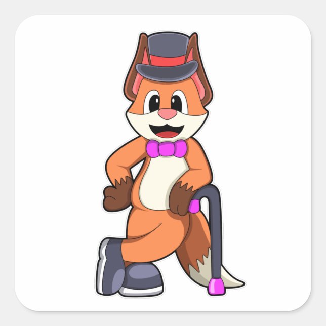 Pegatina Cuadrada Fox como Caballero con Gorra y Palo (Anverso)