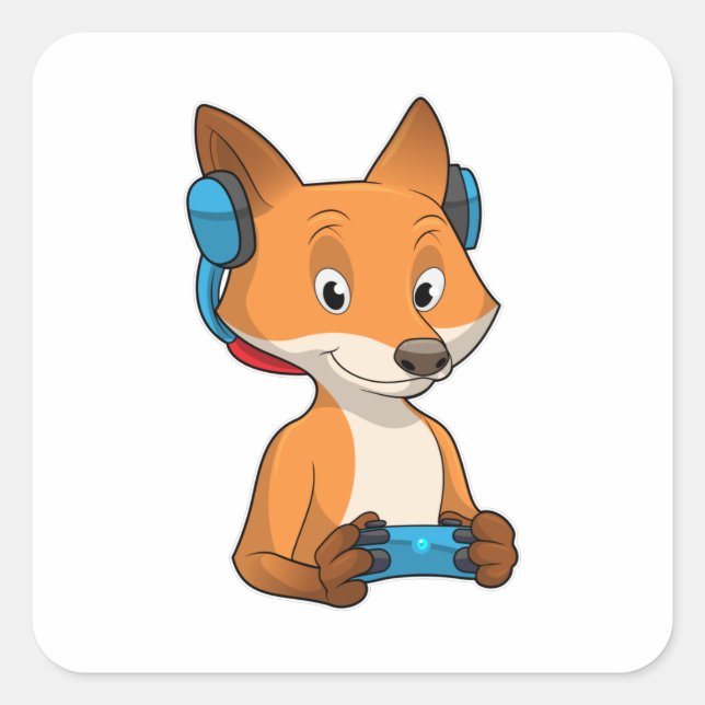 Pegatina Cuadrada Fox como Gamer con Joystick (Anverso)