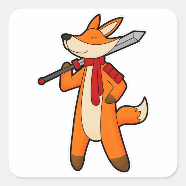 Pegatina Cuadrada Fox como guerrero con espada y bufanda (Anverso)