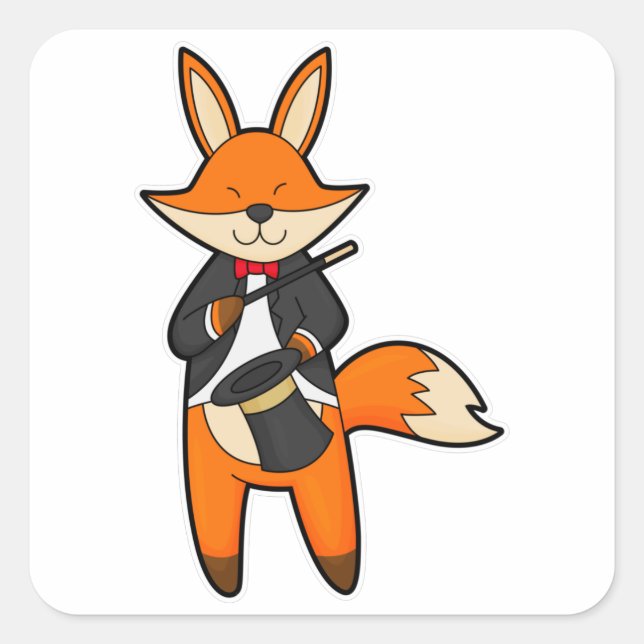 Pegatina Cuadrada Fox como mago con varita mágica y Gorra (Anverso)