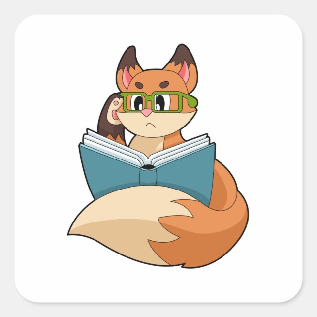 Pegatina Cuadrada Fox como Nerd con libros y anteojos (Anverso)