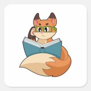 Pegatina Cuadrada Fox como Nerd con libros y anteojos