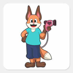 Pegatina Cuadrada Fox como peluquero con secador de pelo