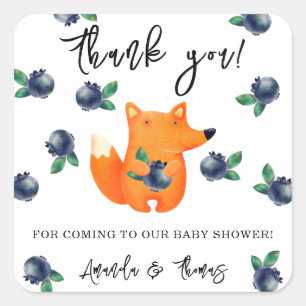 Pegatina Cuadrada Fox con arándanos - gracias bebé ducha