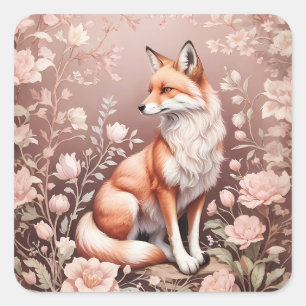 Pegatina Cuadrada Fox con floral rosada de ensueño
