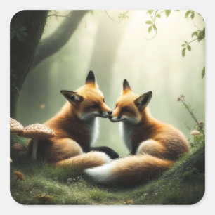 Pegatina Cuadrada Fox Cuddle en un bosque polvoriento