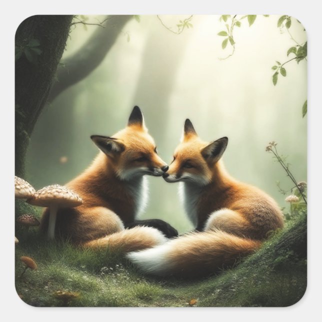 Pegatina Cuadrada Fox Cuddle en un bosque polvoriento (Anverso)