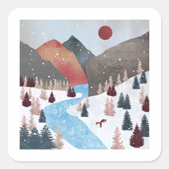 Pegatina Cuadrada Fox de la caza de invierno (Anverso)