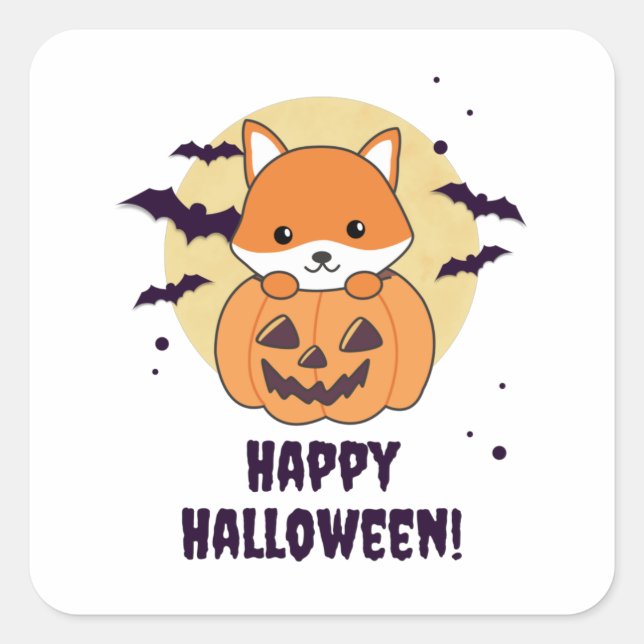 Pegatina Cuadrada Fox En Calabaza Sweet Foxes Feliz Halloween (Anverso)