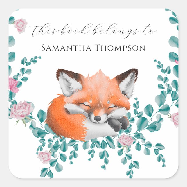 Pegatina Cuadrada Fox en flor - este libro pertenece a (Anverso)