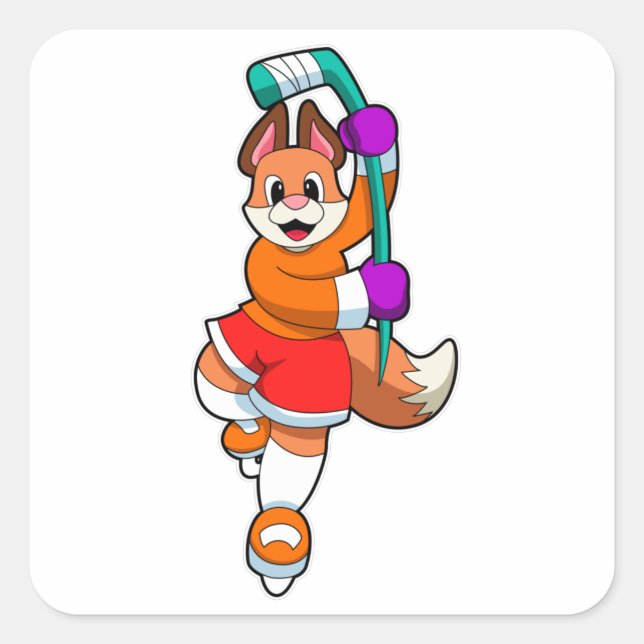 Pegatina Cuadrada Fox en hockey sobre hielo con bastón de hockey sob (Anverso)