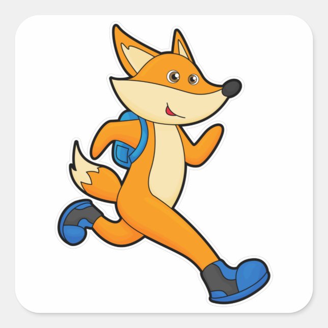 Pegatina Cuadrada Fox en la carrera con mochila (Anverso)