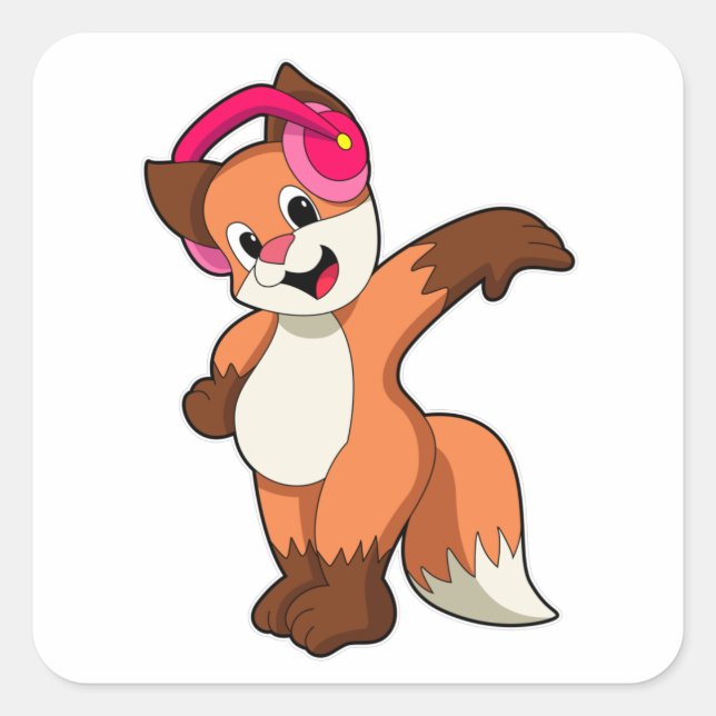 Pegatina Cuadrada Fox en la música con auriculares (Anverso)