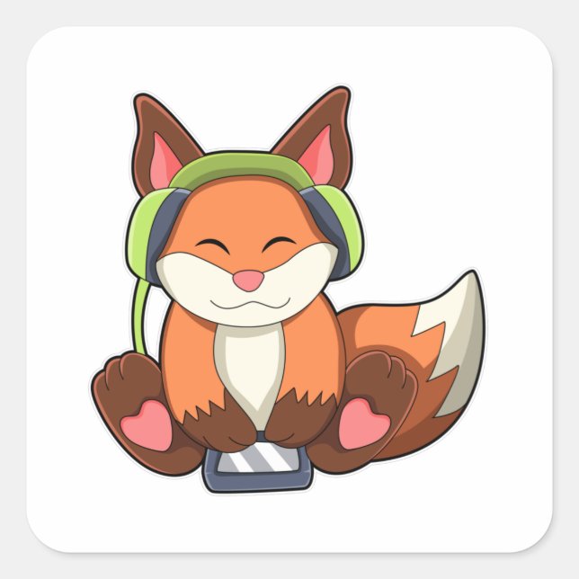 Pegatina Cuadrada Fox en la música con auriculares (Anverso)