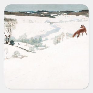 Pegatina Cuadrada Fox en la Nieve, 1935, de Newell Convers Wyeth