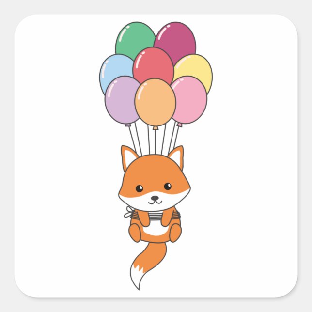 Pegatina Cuadrada Fox Vuela Con Globos Coloridos (Anverso)