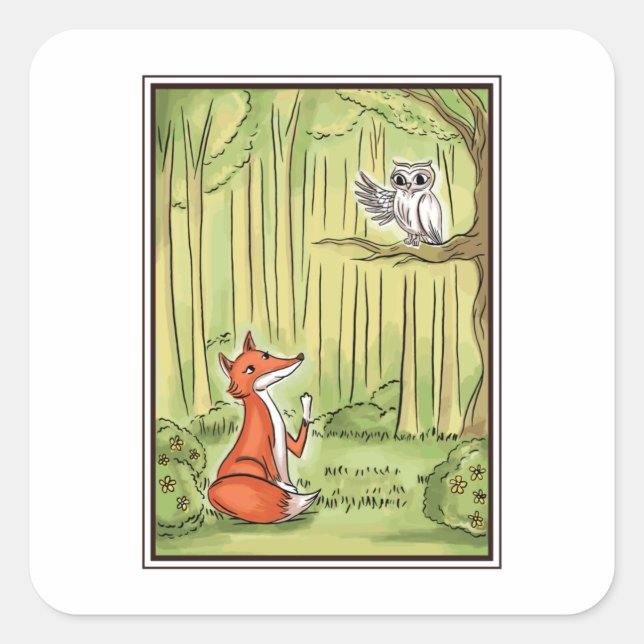 Pegatina Cuadrada Fox y Owl en un bosque (Anverso)